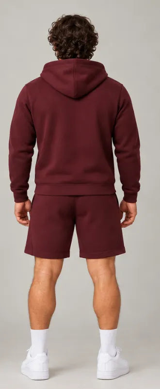 Burgundy Full-Zip Hoodie, back, worn with the Burgundy Sweat Shorts