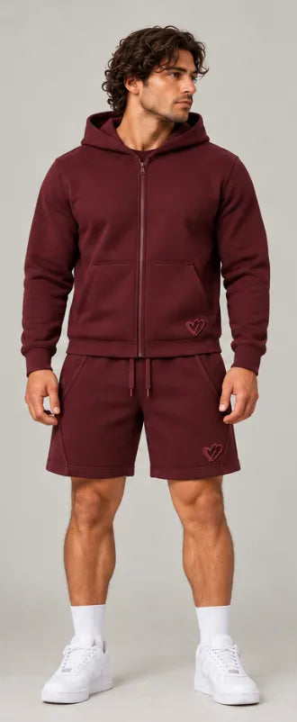 Burgundy Full-Zip Hoodie, front, worn with the Burgundy Sweat Shorts