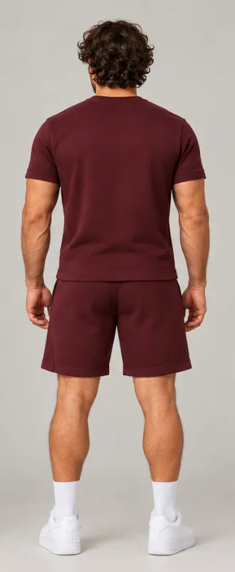 Burgundy T-Shirt, back, worn with the Burgundy Sweat Shorts