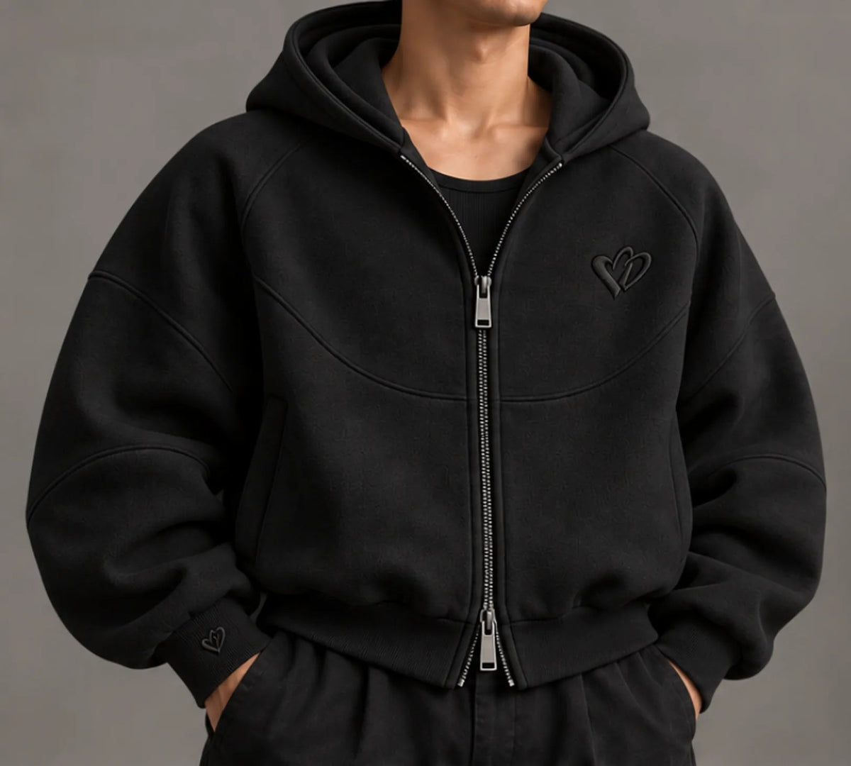 Cold Hart Zip Hoodie in Black, front, worn (design mockup)