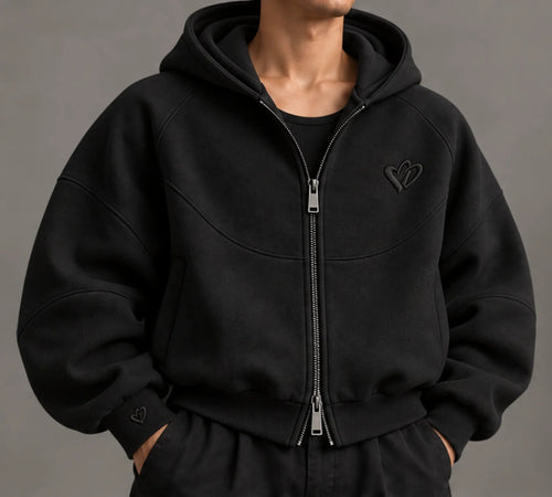 Cold Hart Zip Hoodie in Black, front, worn (design mockup)