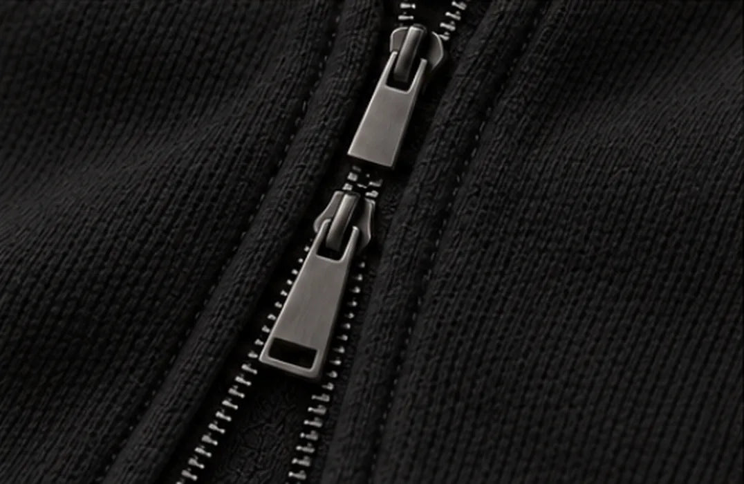 Cold Hart Zip Hoodie in Black, close view of the two-way zip and its metal pulls (design mockup)