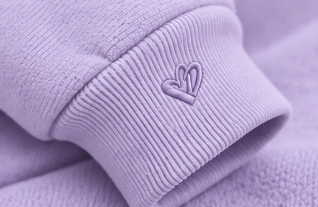 Cold Hart Zip Hoodie in Lavender, close view of the ribbed cuff with its small double Hart (design mockup)