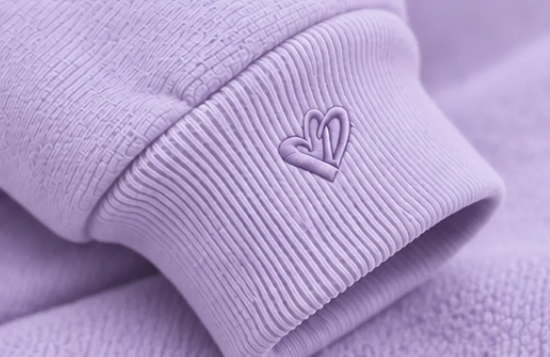 Cold Hart Zip Hoodie in Lavender, close view of the ribbed cuff with its small double Hart (design mockup)