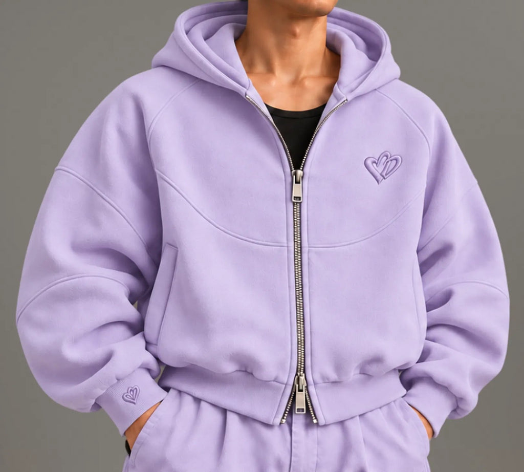 Cold Hart Zip Hoodie in Lavender, front, worn (design mockup)