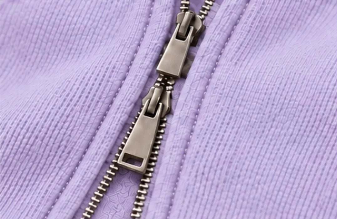 Cold Hart Zip Hoodie in Lavender, close view of the two-way zip and its metal pulls (design mockup)