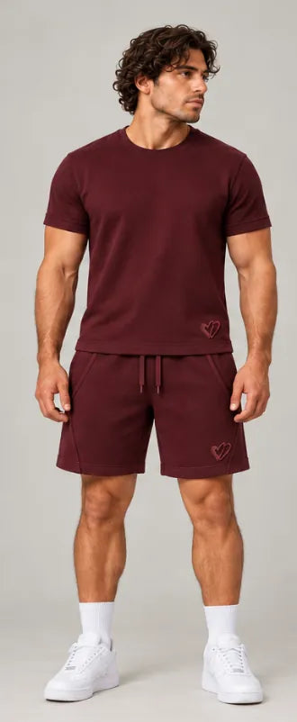 Burgundy T-Shirt, front, worn with the Burgundy Sweat Shorts