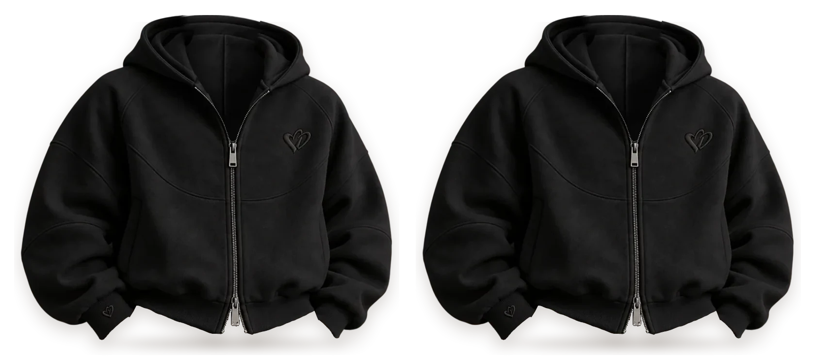 Two hoodies, black and black, side by side (design mockup)
