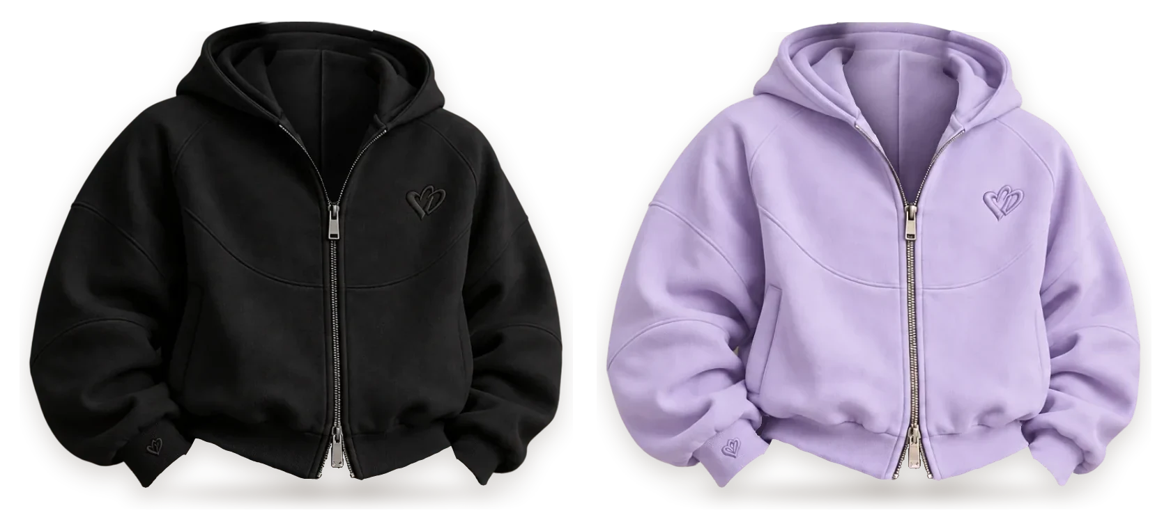 The Cold Hart Zip Hoodie in black and in lavender, side by side (design mockup)