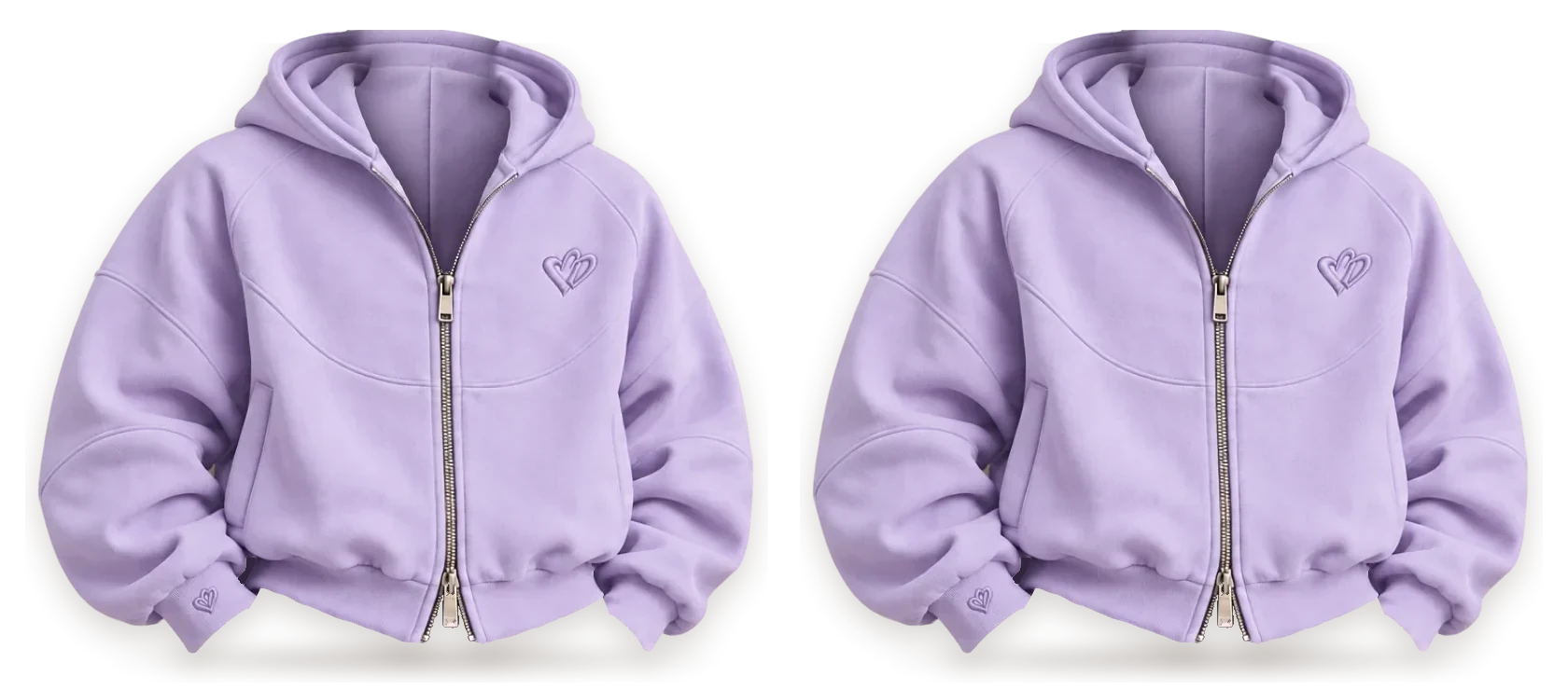 Two hoodies, lavender and lavender, side by side (design mockup)